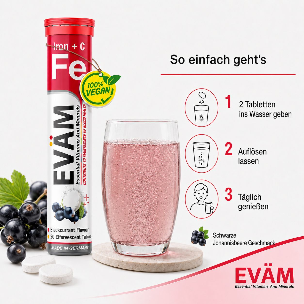 Zubereitung von EVÄM Eisen + Vitamin C Brausetabletten in Wasser, schwarze Johannisbeere.
