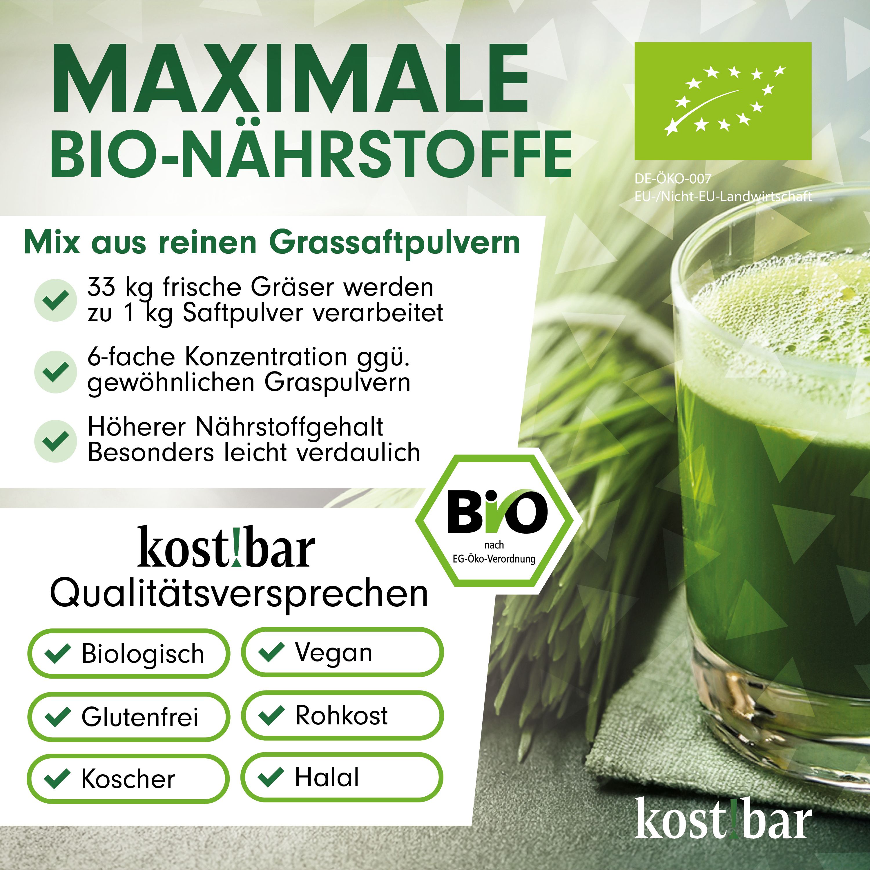 Glas mit grünem Getränk. Text: MAXIMALE BIO-NÄHRSTOFFE. Mix aus reinen Grassaftpulvern. Zertifizierung: EU-Bio-Logo. Unten: kost!bar.