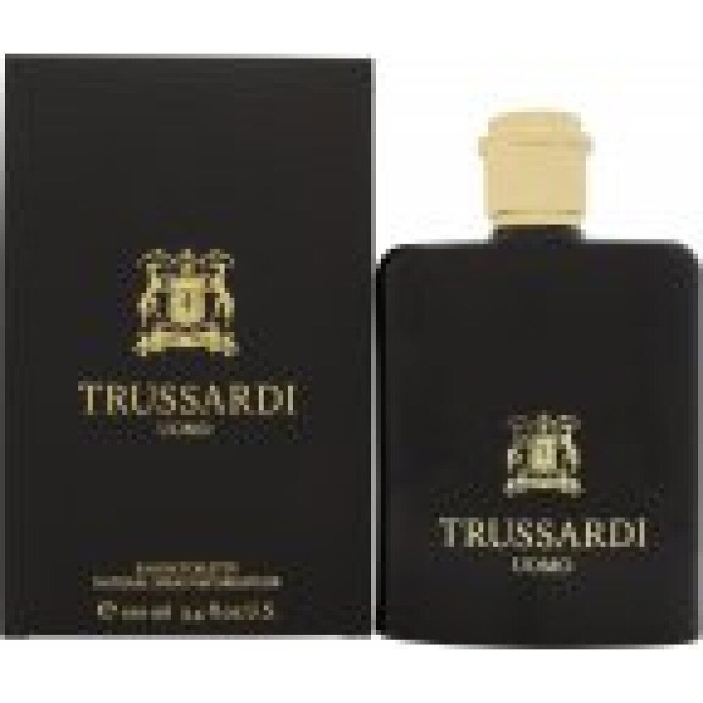 Trussardi Uomo Eau de Toilette Spray in schwarzer Flasche mit goldener Kappe und Schachtel.