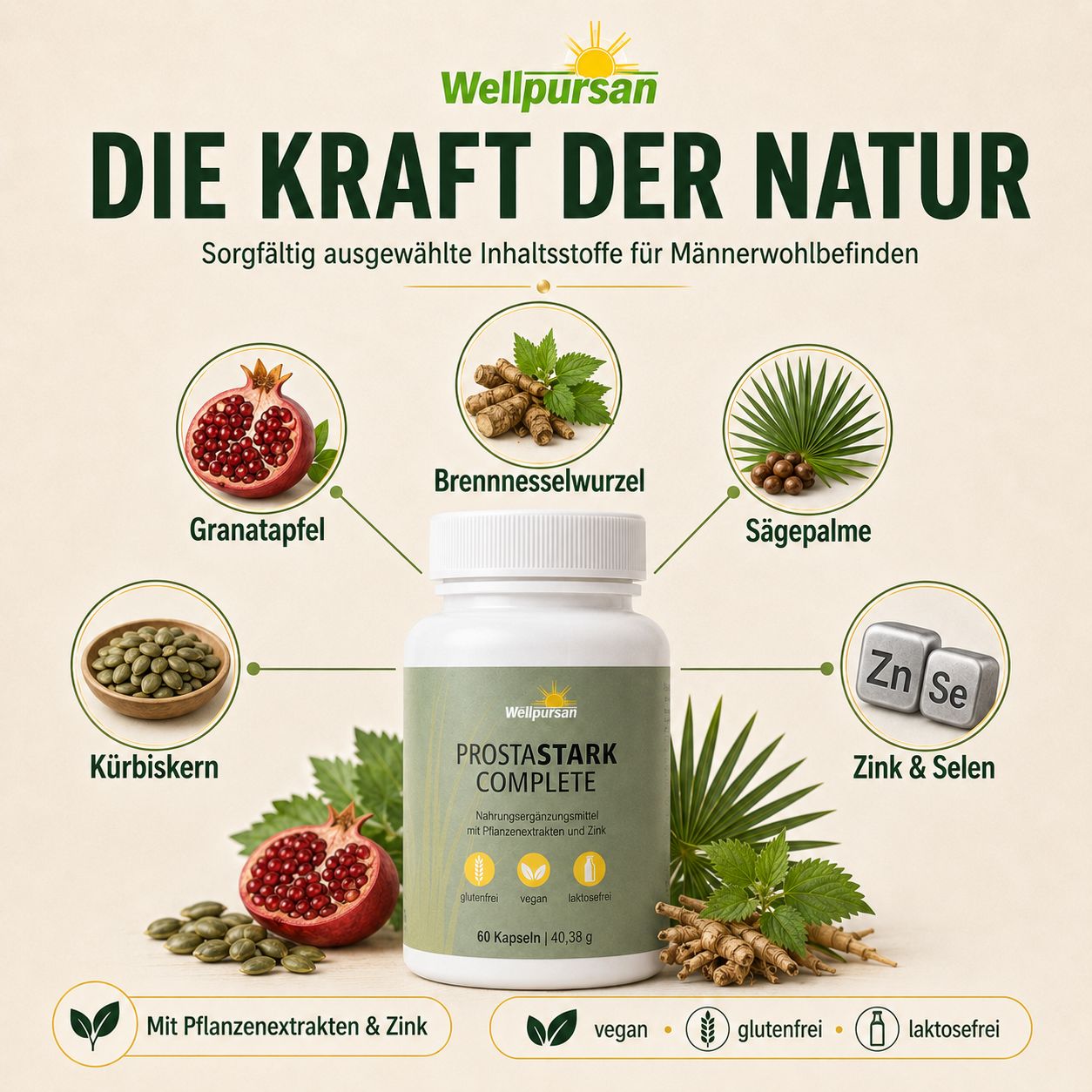 Wellpursan Prostastark Complete Dose mit Granatapfel, Brennnessel, Sägepalme, Zink und Selen.