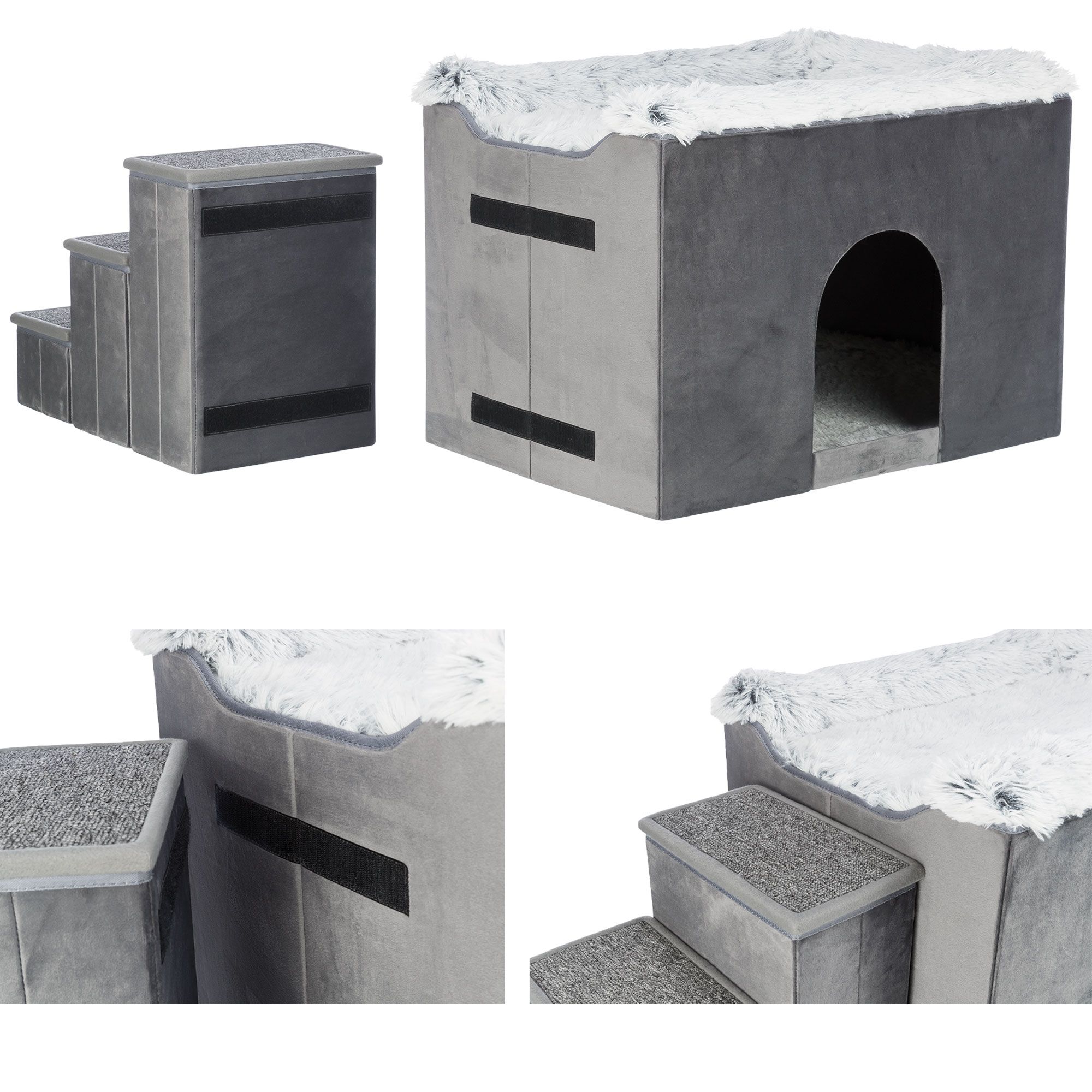 Graue Hunde-Höhle mit Treppe. Einzelne Elemente: Höhle mit Eingang, Treppe mit drei Stufen. Klettverschlüsse zur Verbindung.