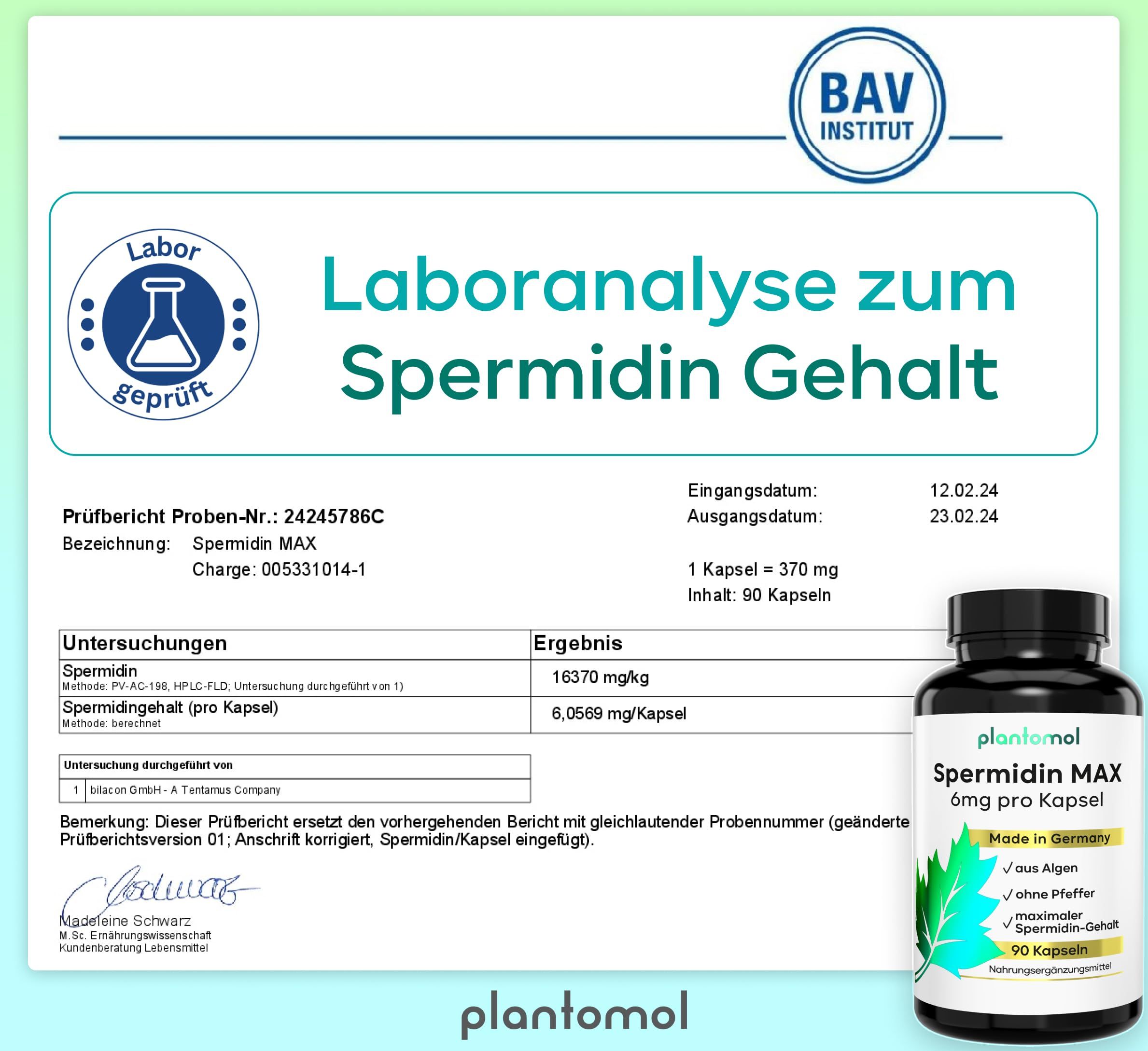Laboranalyse-Zertifikat. Text: Laboranalyse zum Spermidin Gehalt. Flasche mit Spermidin MAX Kapseln.