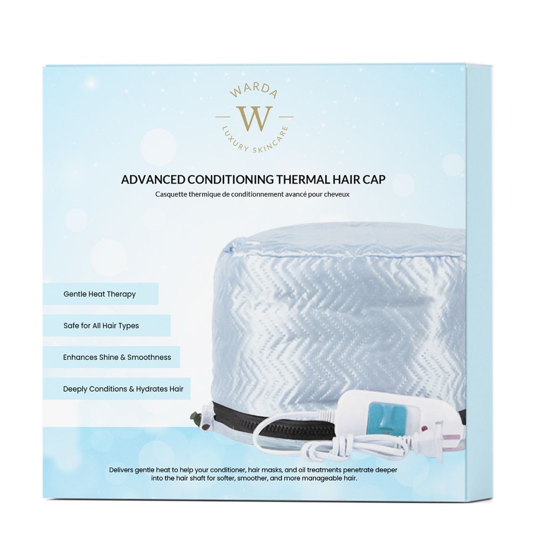 Verpackung der Thermohaarkappe. Auf der Verpackung steht "Warda Luxury Skincare" und "Advanced Conditioning Thermal Hair Cap".