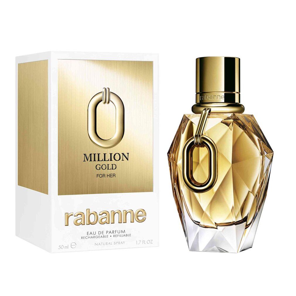 Goldfarbener Flakon und Verpackung. Aufschrift: Million Gold for Her, Rabanne. Eau de Parfum Spray, nachfüllbar.