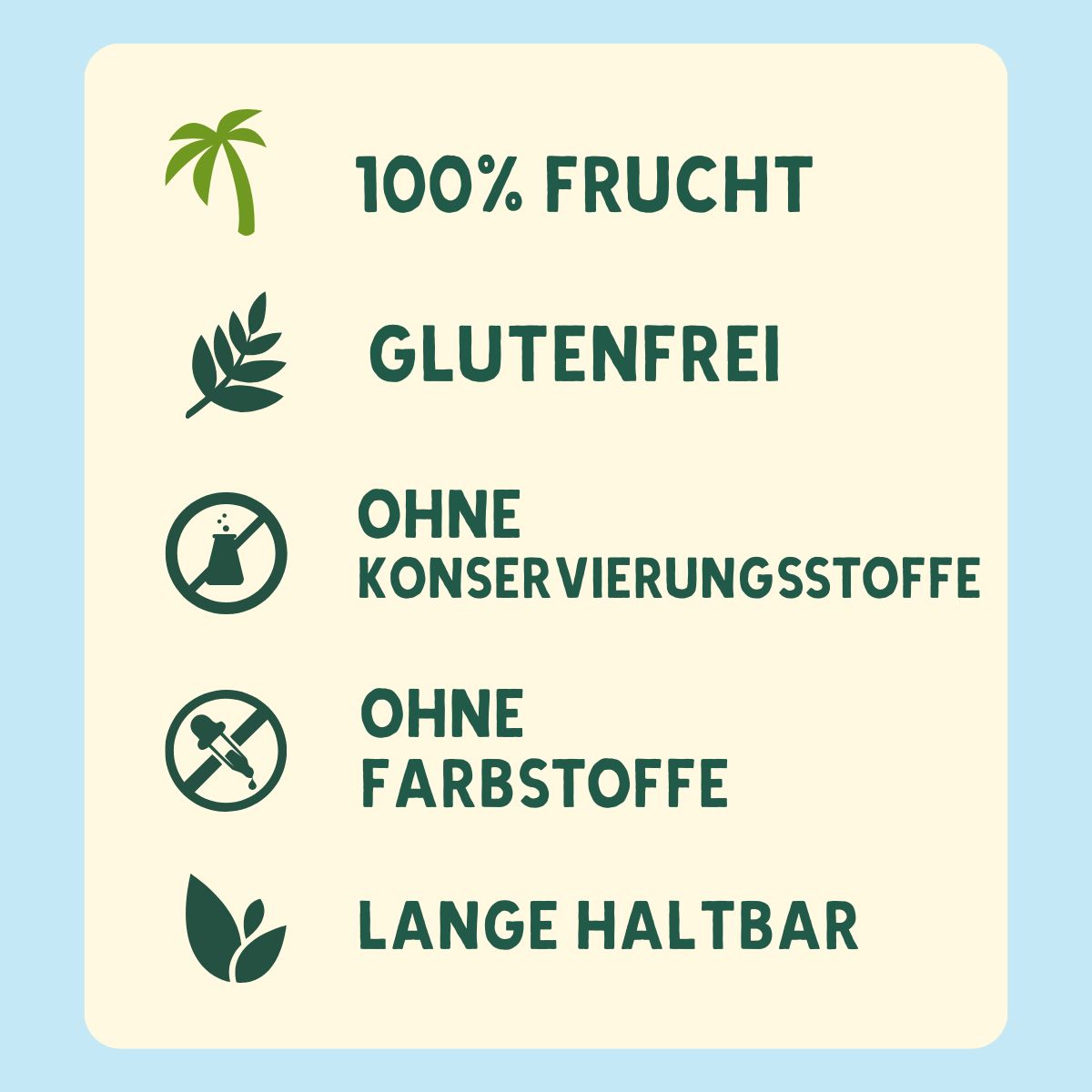 Textfeld mit grünen Symbolen und Text. Glutenfrei, ohne Konservierungsstoffe, ohne Farbstoffe, lange haltbar.