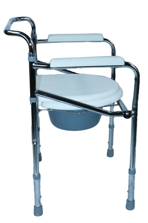 Toilettensitz mit Armlehnen, höhenverstellbar. Sitzfläche weiß, Gestell silberfarben. Mit Eimer.