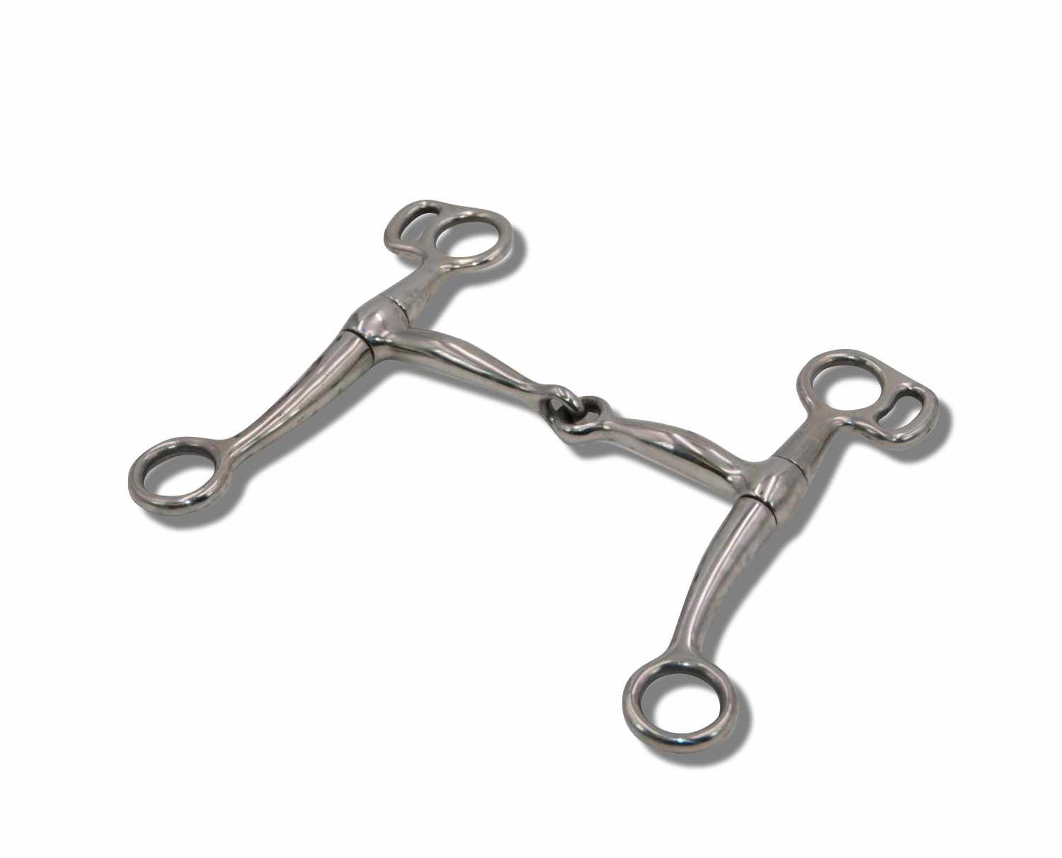 AMKA Tom Thumb Snaffle. Metall, mit Ringen und Gelenk. Für Pferde. Perspektivische Ansicht.