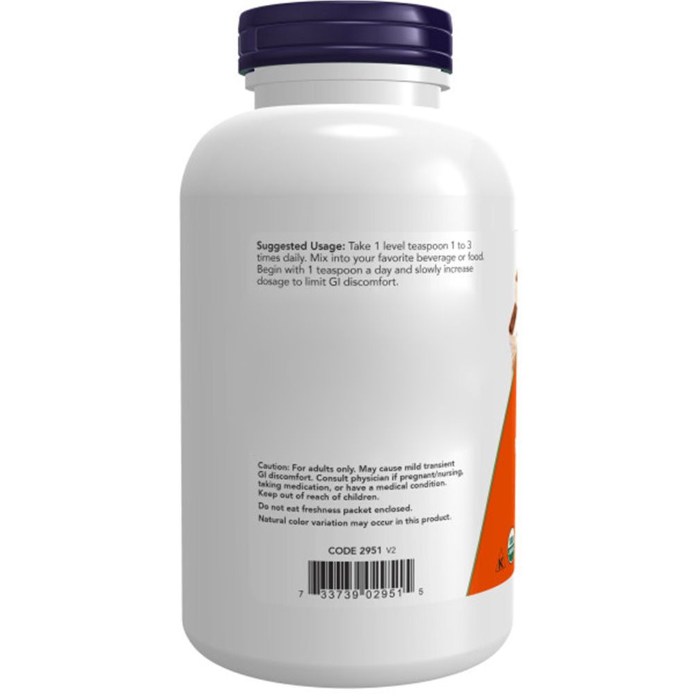 Rückseite der Inulin-Flasche. Weißer Hintergrund. Enthält Informationen zur Anwendung und Warnhinweise. Barcode unten.