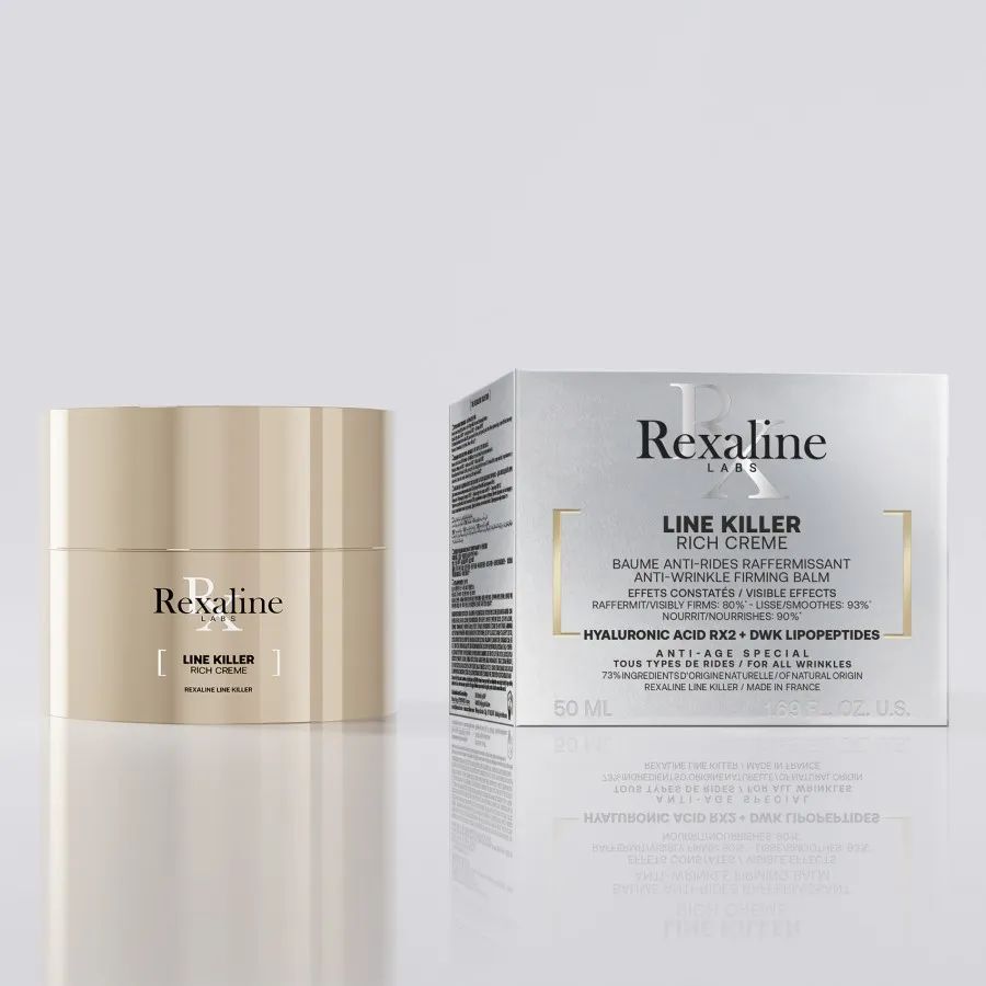 Beige Creme-Tiegel und Schachtel mit schwarzer Schrift: Rexaline Line Killer Rich Creme. Schachtel mit Text.