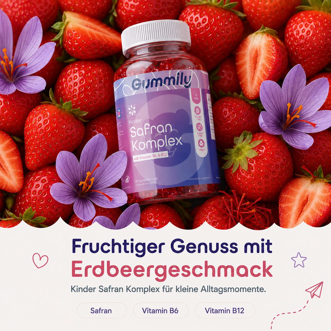 Gummily Kinder Safran Komplex Flasche inmitten von Erdbeeren und Safranblüten.
