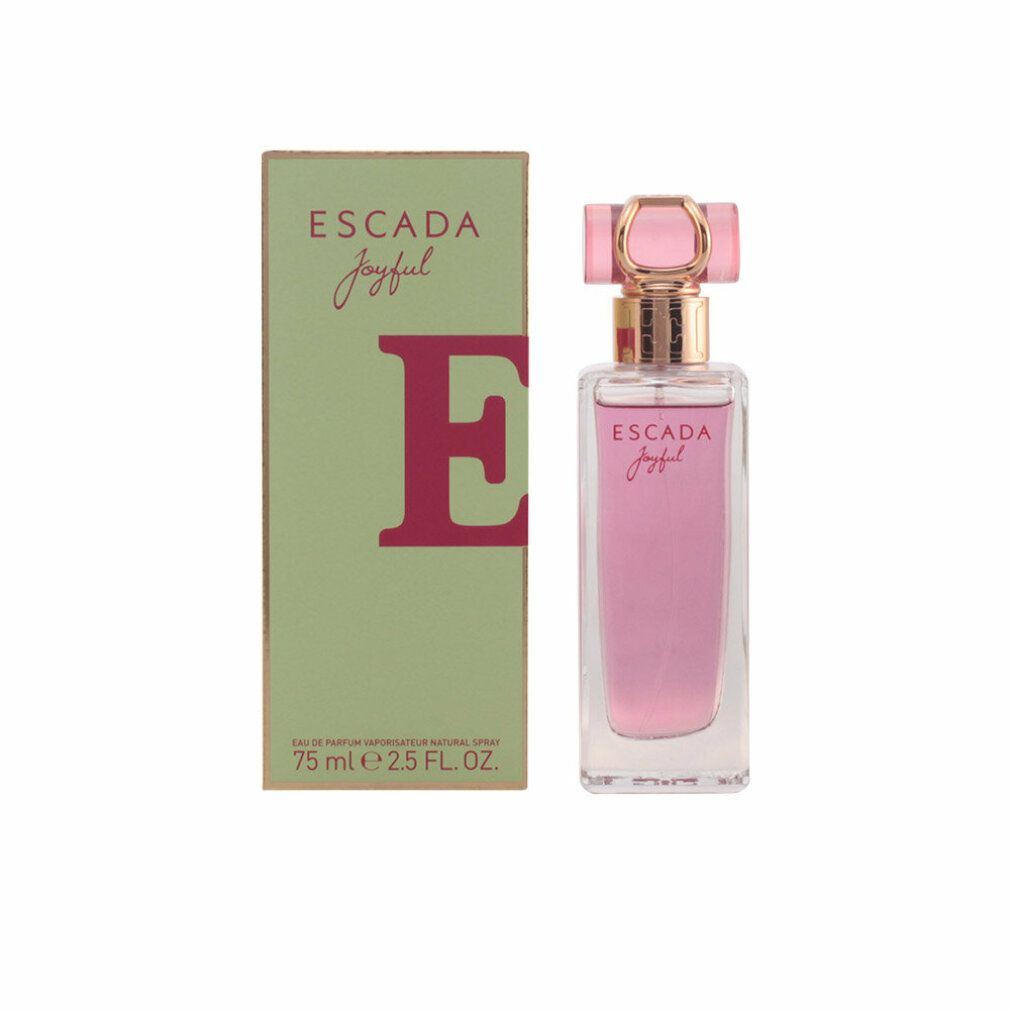 Escada Joyful Eau de Parfum Spray, Flakon und Verpackung. Flakon mit rosa Flüssigkeit, rosa Verschluss, grüne Verpackung mit Schriftzug.
