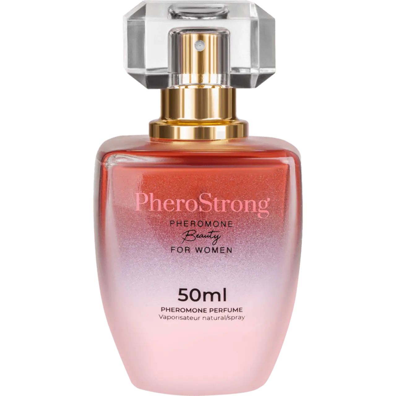 Parfümflasche mit Sprühkopf. PheroStrong Beauty für Frauen. 50ml. Farbverlauf von Rosa nach Rot. Transparenter Deckel.
