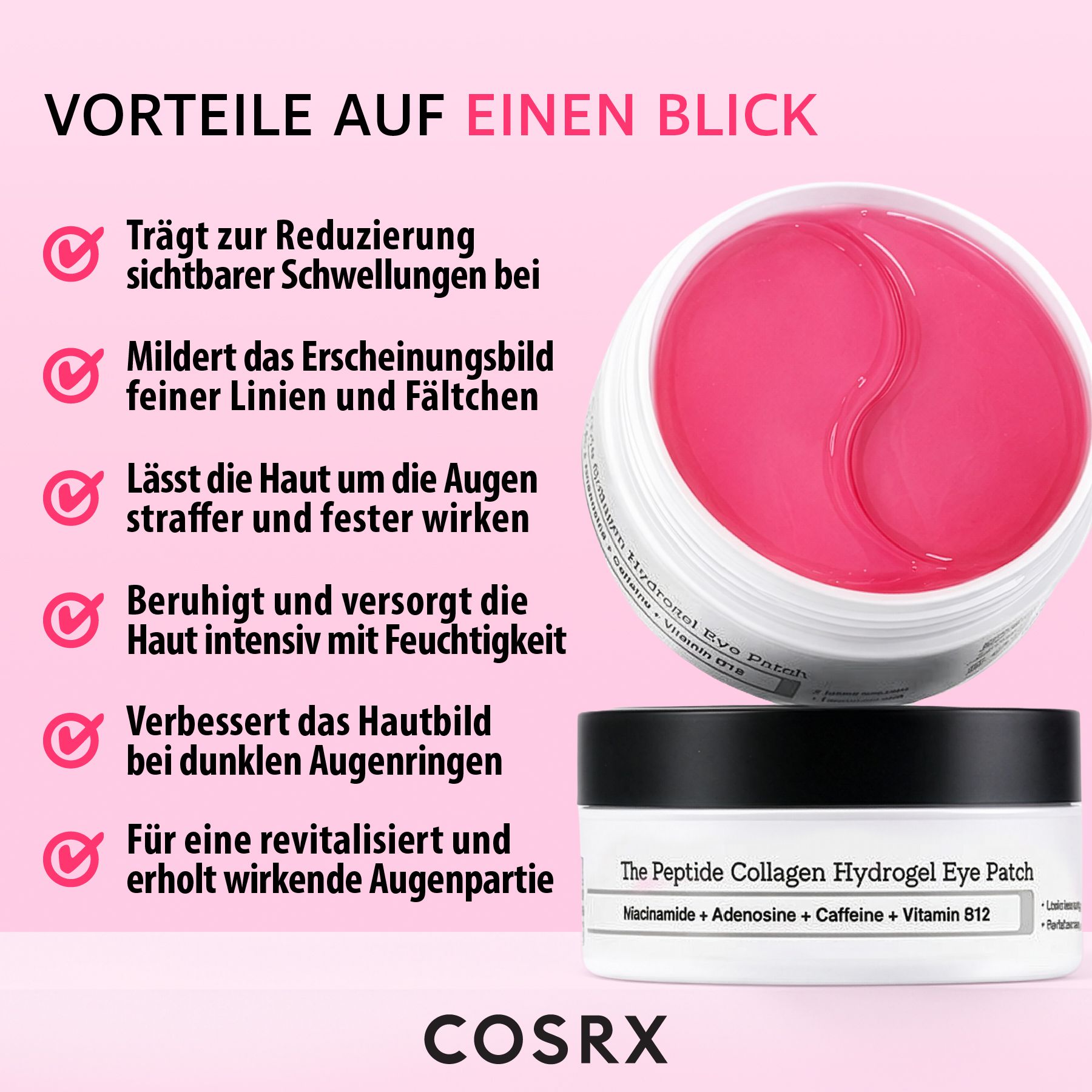 Geöffnete Dose mit Augenpads. Text: The Peptide Collagen Hydrogel Eye Patch. COSRX Logo. Vorteile: Reduzierung Schwellungen.