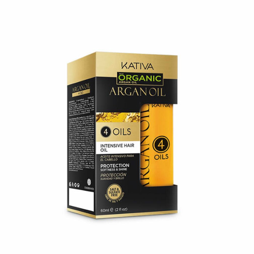 Kativa Argan Oil. Goldfarbene Verpackung mit Produktinformationen. Enthält eine Flasche Haaröl.