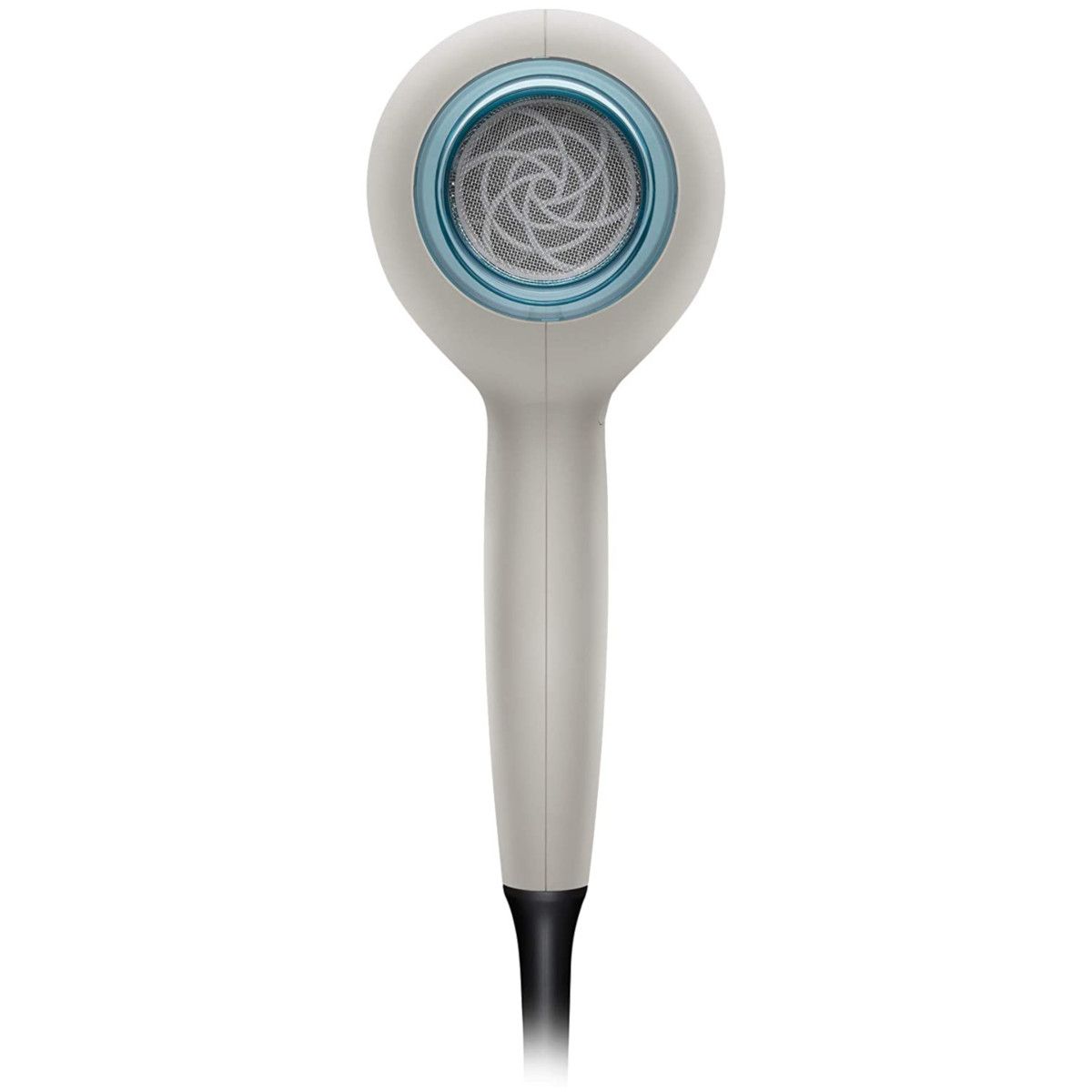 Weißer Haartrockner mit blauem Rand. Schwarzes Kabel.