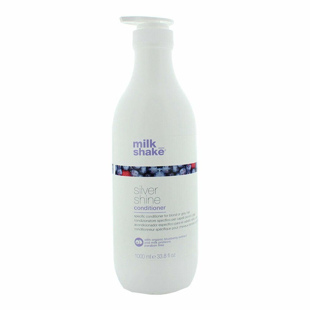 Weiße Flasche mit Pumpe. Aufschrift: milk_shake Silver shine conditioner. Enthält Blaubeerextrakt. 1000 ml.
