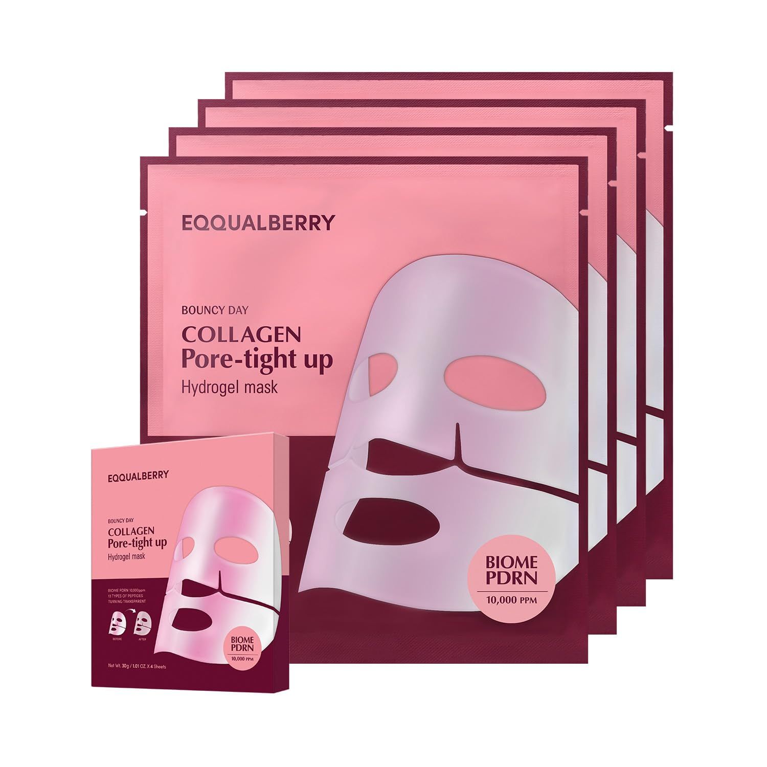 Mehrere Packungen Gesichtsmasken. Aufdruck: EQQUALBERRY, Collagen Pore-tight up Hydrogel Mask. Eine Schachtel mit Maske.