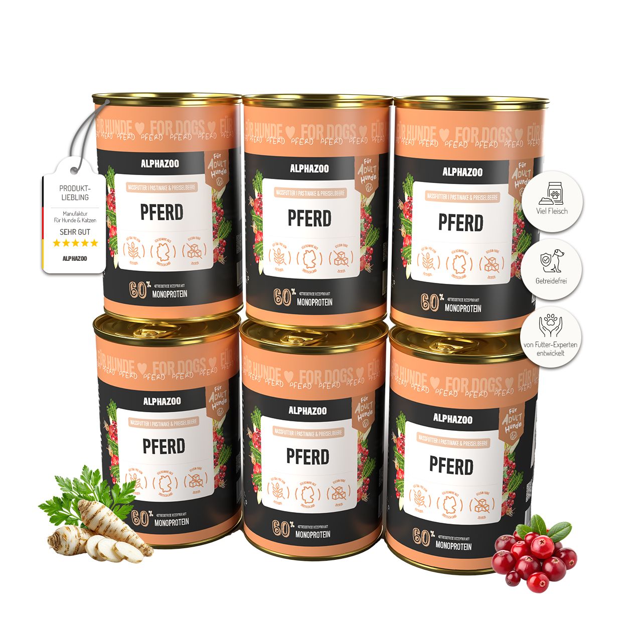 Sechs Dosen Nassfutter ALPHAZOO Pferd. Aufschrift: 80% Monoprotein. Mit Zutaten: Preiselbeeren, Pastinake. Siegel: Produktliebling, Sehr gut.