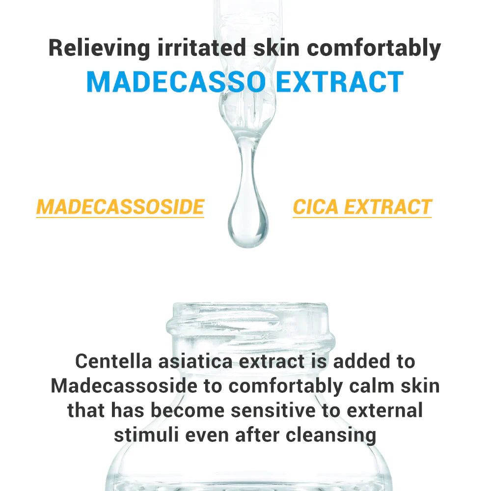 Grafik: Tropfen Madecassosid und Cica-Extrakt. Text: beruhigt irritierte Haut.