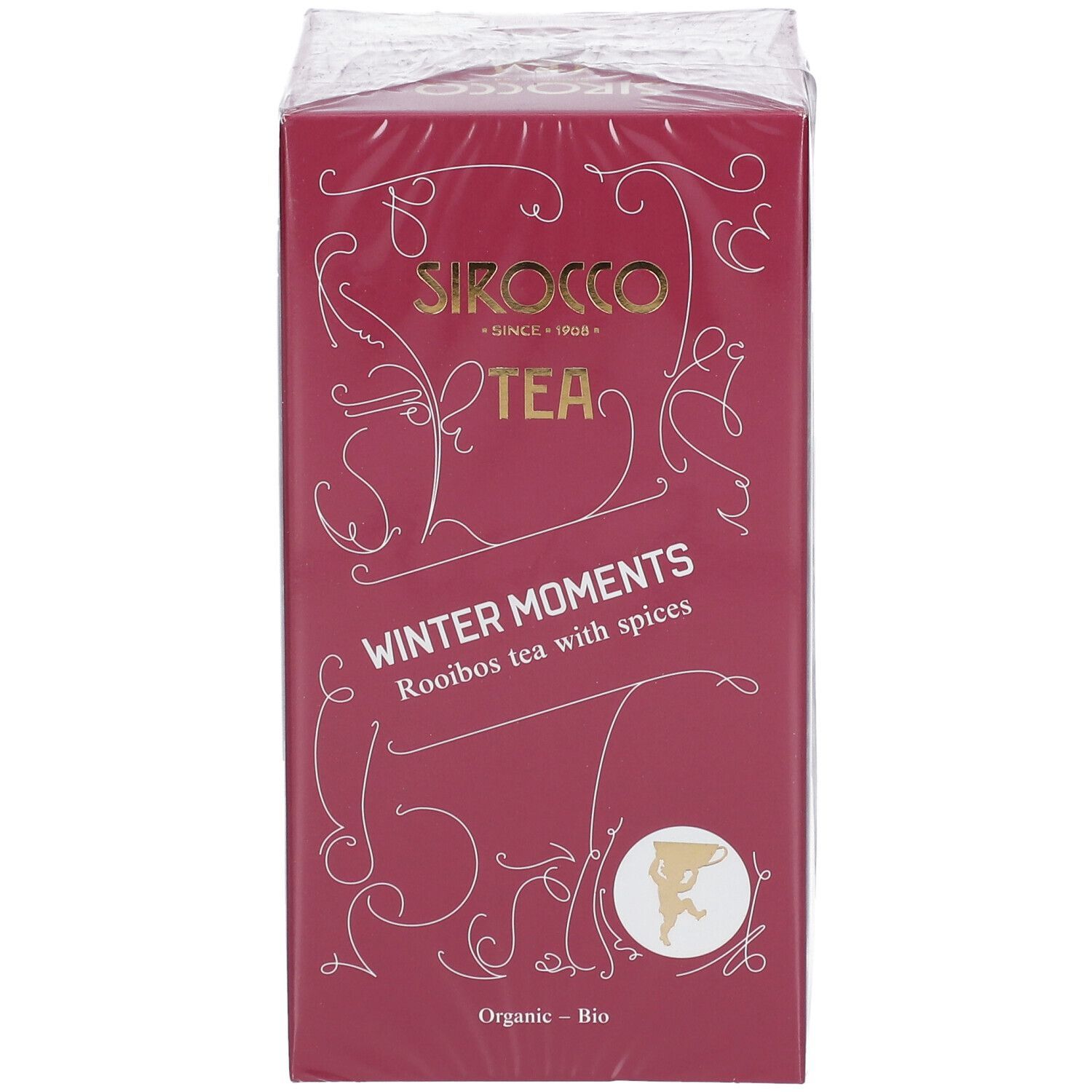 Rote Verpackung "Sirocco Tea Winter Moments". Rooibos-Tee mit Gewürzen. Aufschrift "Organic - Bio".