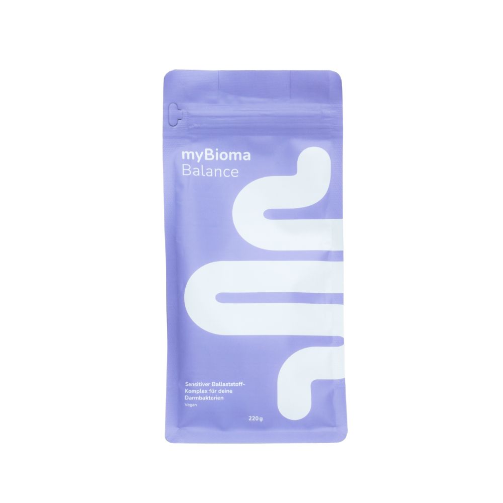 Violette Verpackung von myBioma Balance. Weißer Schriftzug und Darm-Symbol. Reißverschluss oben.