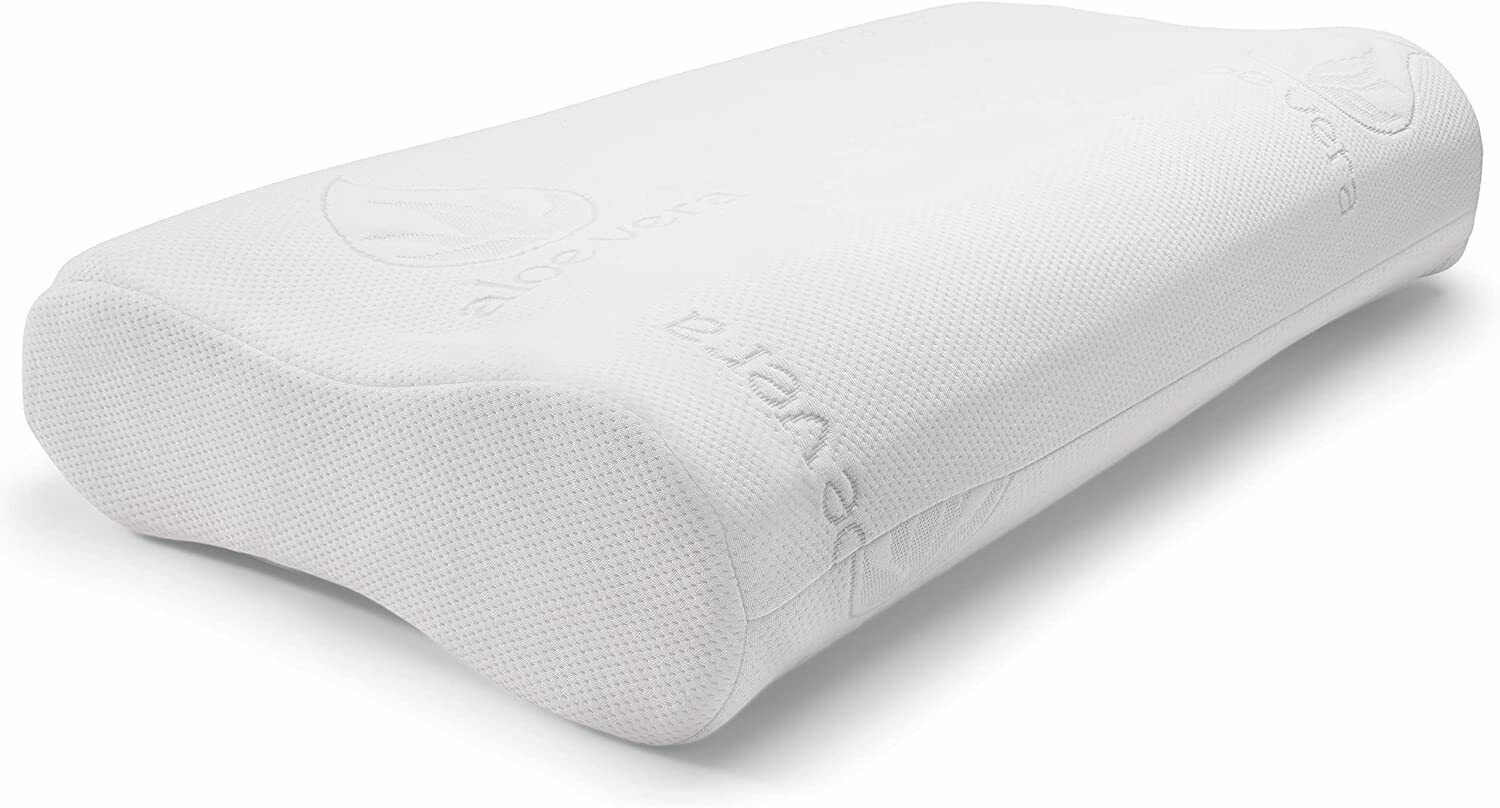Weißes orthopädisches Nackenkissen mit Wellenform. Aufschrift "aloe vera".