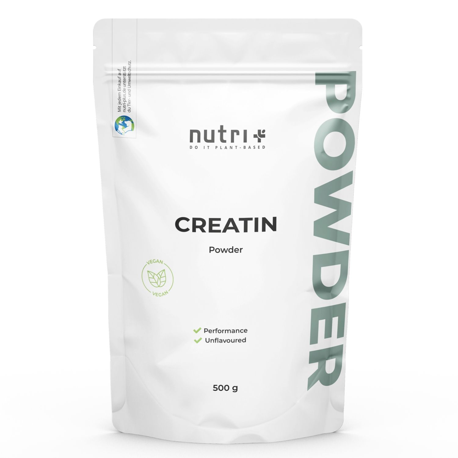 Weiße Beutel mit 'nutri+' Logo und 'CREATIN Powder'. Vegan-Siegel. 500 g. 'Performance' und 'Unflavoured'.
