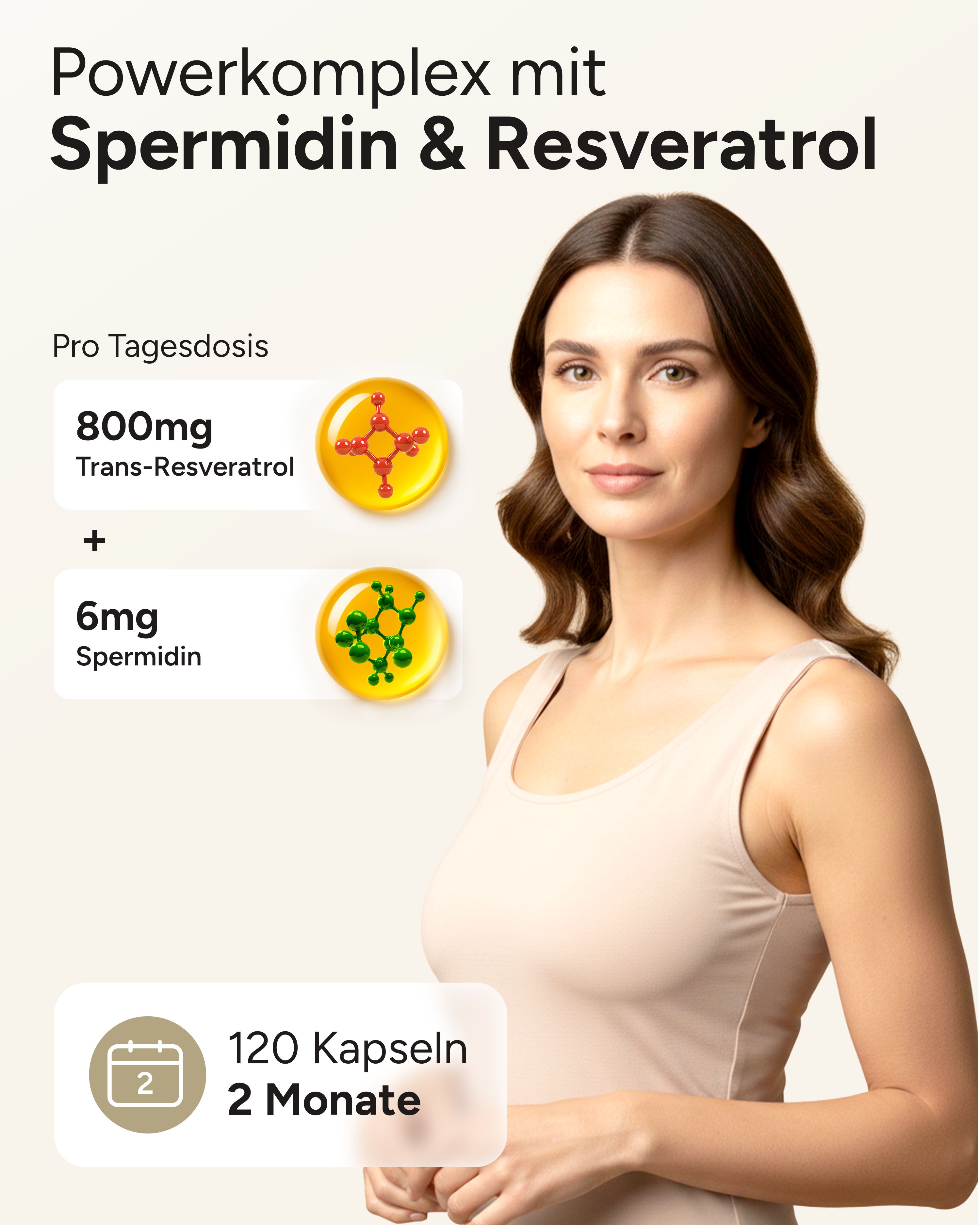 Frau mit Produktabbildungen. 800mg Trans-Resveratrol und 6mg Spermidin. 120 Kapseln für 2 Monate.