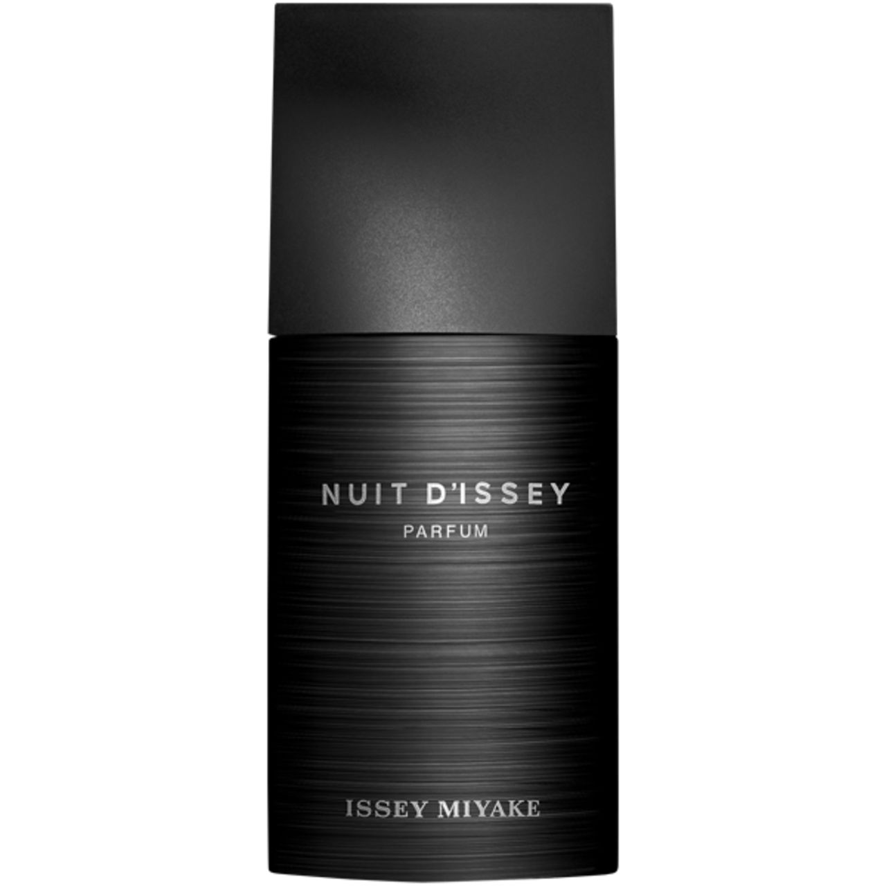 Schwarzer Flakon mit Deckel. Aufschrift: Nuit D'Issey Parfum, Issey Miyake. Geriffelte Oberfläche.