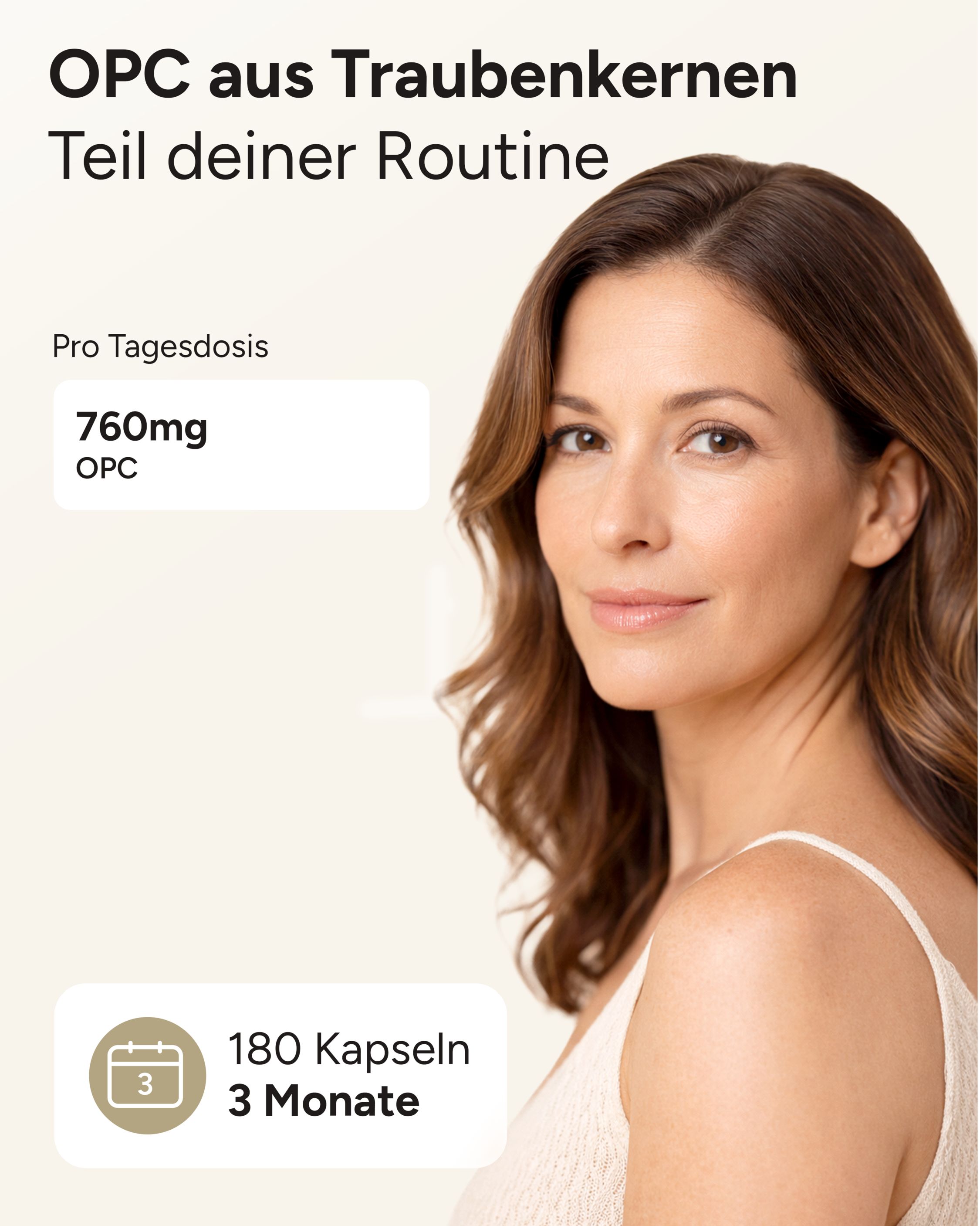 Frau, Text: OPC aus Traubenkernen, 760mg OPC pro Tagesdosis, 180 Kapseln, 3 Monate.
