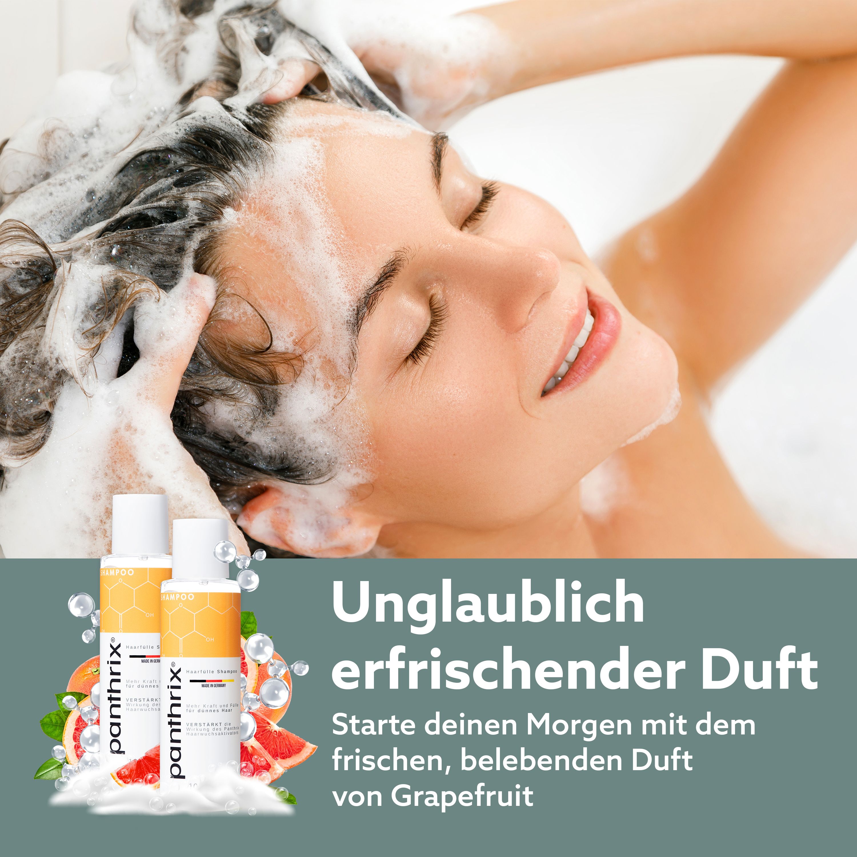 Frau wäscht sich die Haare. Zwei Shampoo-Flaschen. Text: Unglaublich erfrischender Duft.
