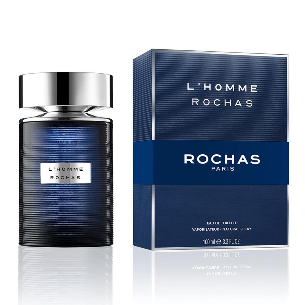 Blauer Flakon und Schachtel. Aufschrift: L'HOMME ROCHAS, PARIS.