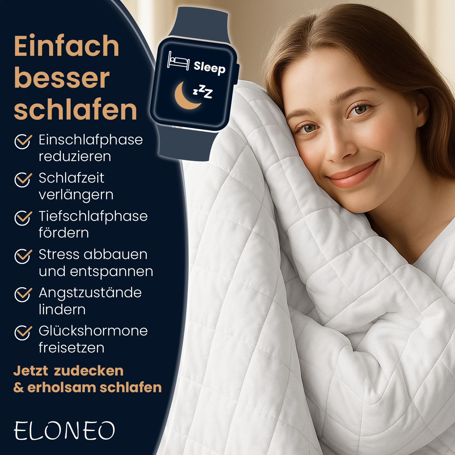 Frau umarmt eine weiße, quadratisch gesteppte Decke. Text: ELONEO, besser schlafen.