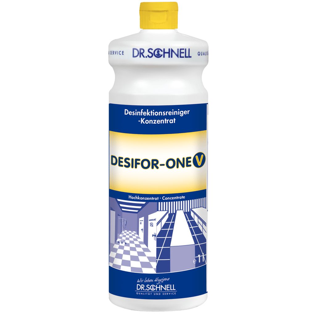 Weiße Flasche mit gelbem Deckel. Beschriftung: Desinfektionsreiniger, DESIFOR-ONE V, DR.SCHNELL. Abbildung eines Flurs.