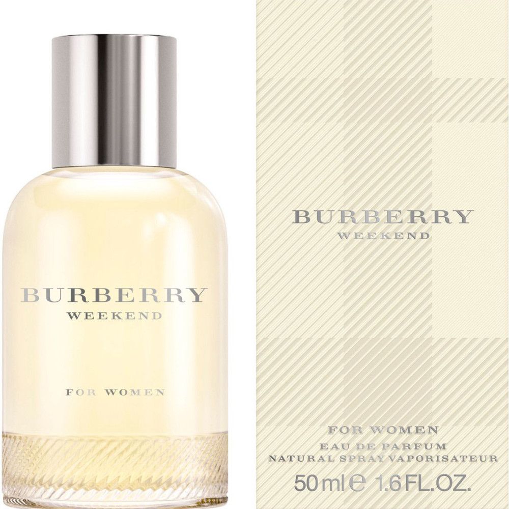 Parfümflakon und Verpackung. Aufschrift Burberry Weekend, For Women. Flakon mit silbernem Deckel.