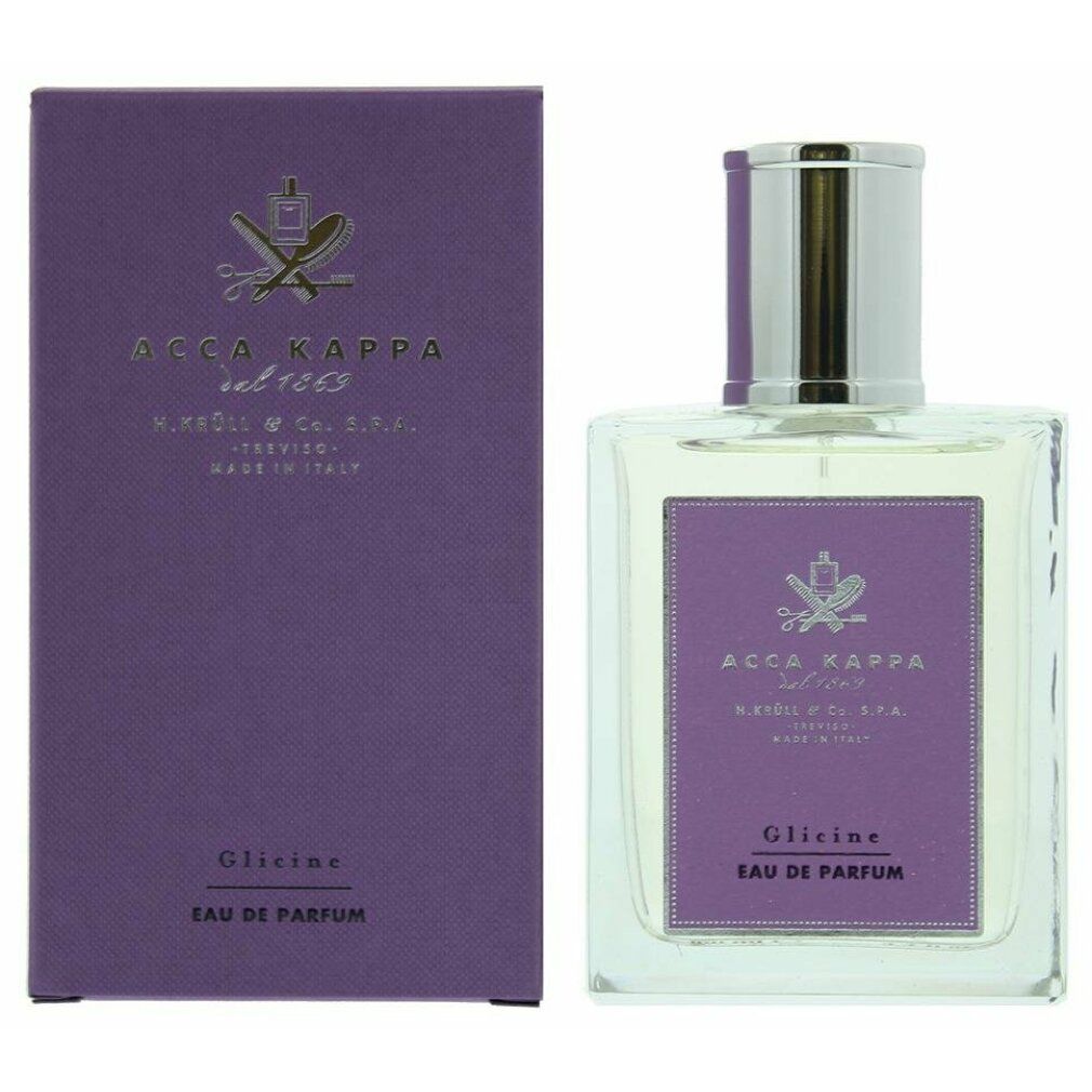 Acca Kappa Glicine Eau de Parfum. Flakon und Schachtel in Lila. Silberner Verschluss. Logo und Schriftzug.