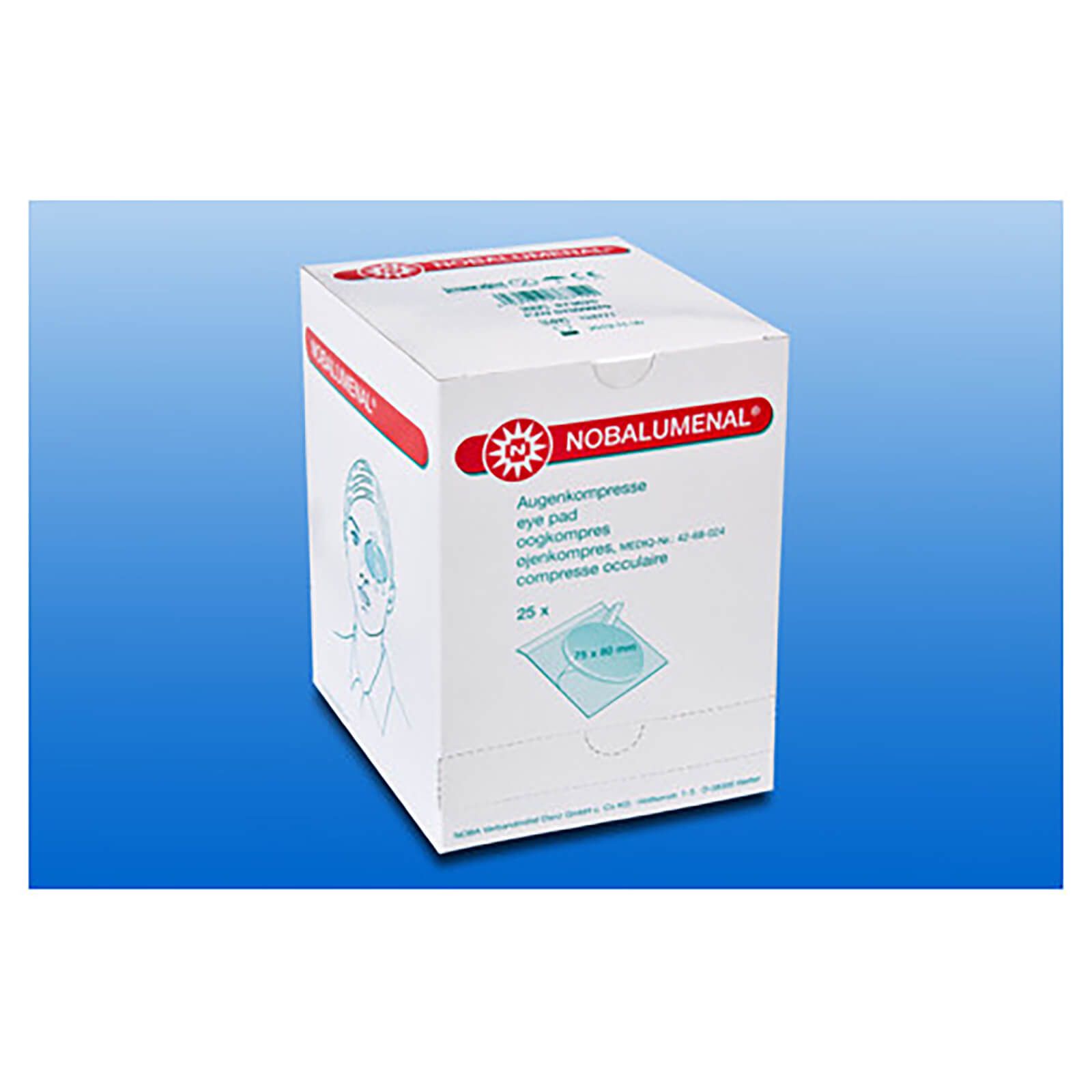 Kartonverpackung mit Augenkompressen. Produktname NOBALUMENAL und Text in mehreren Sprachen.