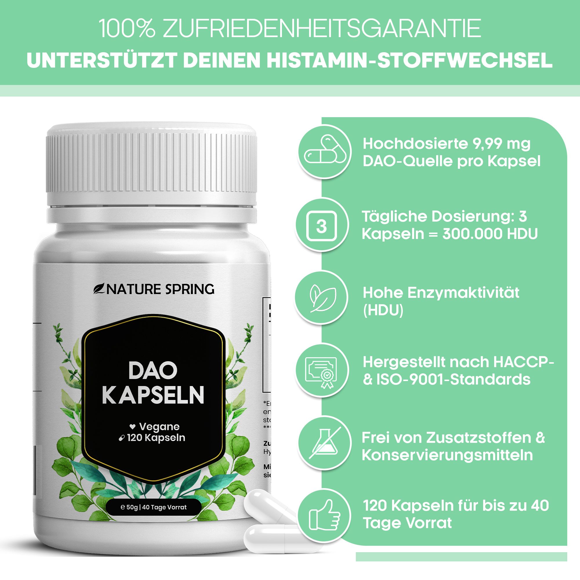Nature Spring DAO Kapseln: Flasche mit Informationen zu Dosierung, Enzymaktivität und Herstellungsstandards.