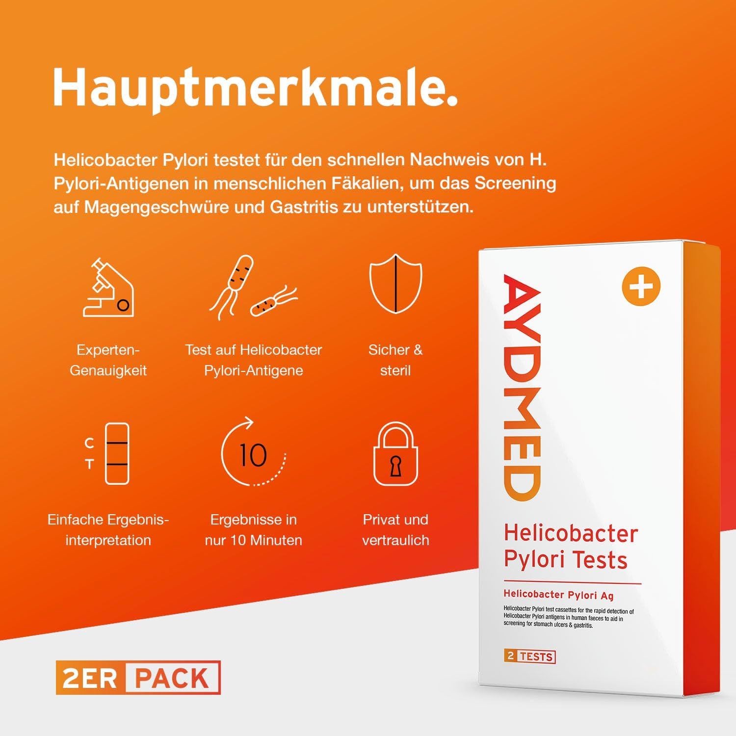 Produktverpackung AYDMED Helicobacter Pylori Tests. Hauptmerkmale: Experten-Genauigkeit, Test auf Helicobacter, sicher & steril, etc.