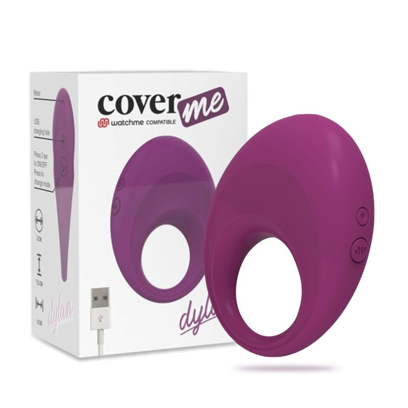 Lila Vibro-Penisring neben seiner Verpackung. Ring mit zwei Tasten, Verpackung mit USB-Ladekabel.