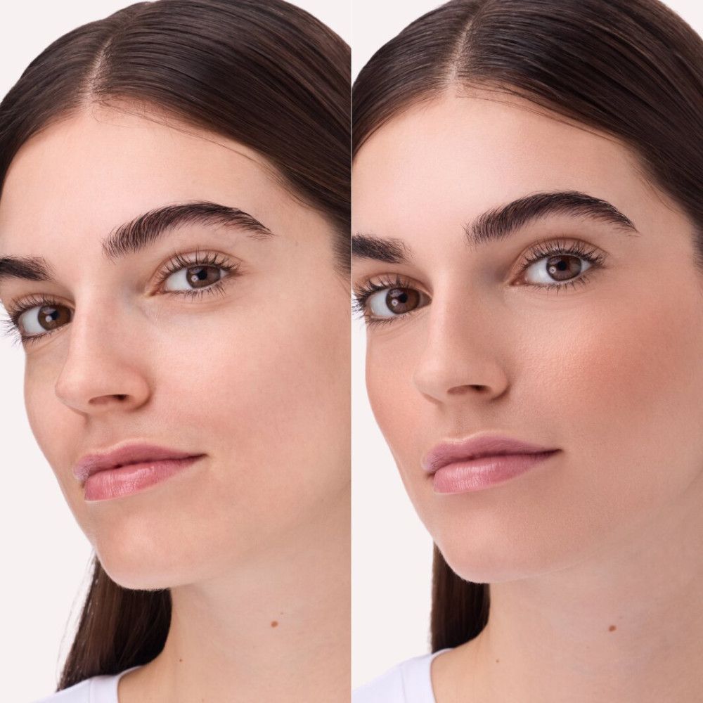 Zwei Porträts einer Frau. Links: ungeschminkt. Rechts: mit Rouge auf den Wangen. Deutlicher Farbunterschied.