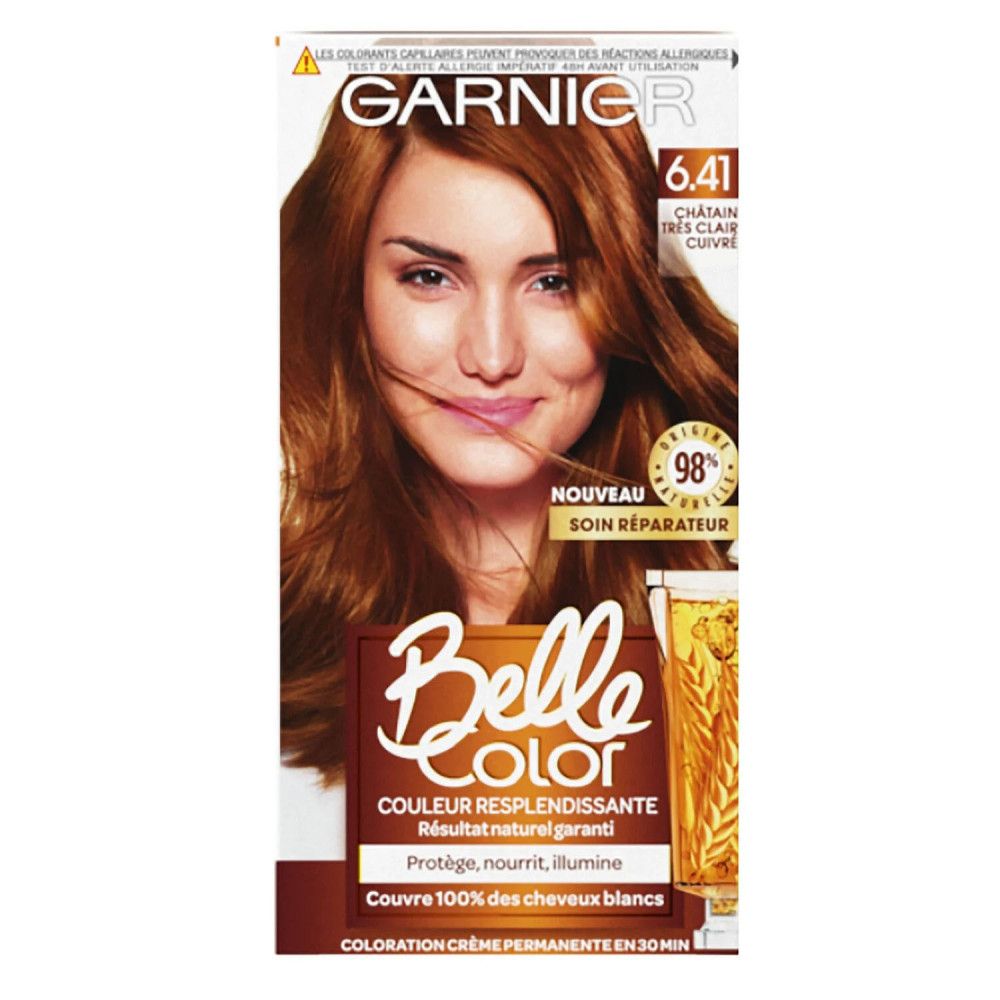 Garnier Belle Color-Haarfärbemittel-Verpackung. Frau mit braunem Haar. Produktname und Farbtonangabe deutlich sichtbar.