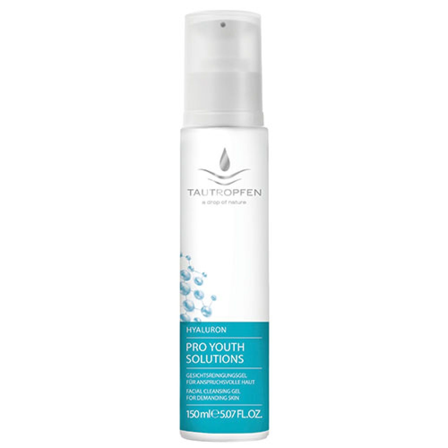 Weißes Fläschchen mit Pumpe. Aufschrift: Tautropfen, Hyaluron Pro Youth Solutions. Text in Türkis: Gesichtsreinigungsgel, 150ml.