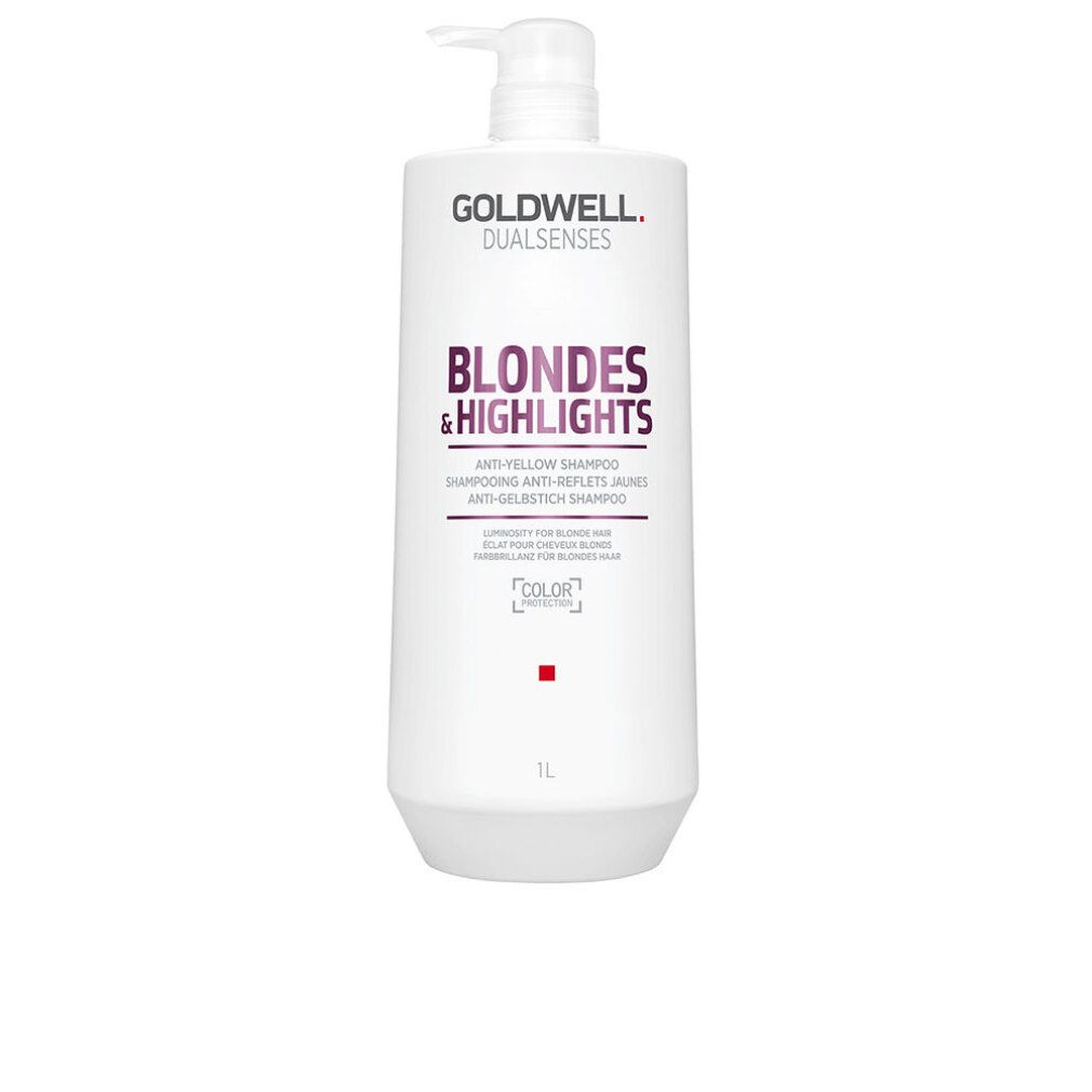 Weißer Goldwell Shampoo-Behälter mit Pumpe. Aufschrift: Blondes & Highlights, Anti-Gelbstich Shampoo. 1L.