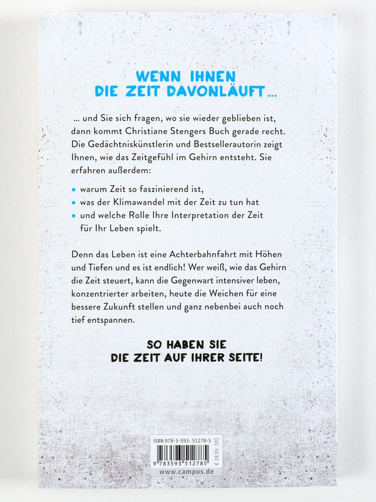 Rückseite des Buches mit Text. Titel: Wenn Ihnen die Zeit davonläuft... ISBN-Nummer und Preis. Verlag: Campus.
