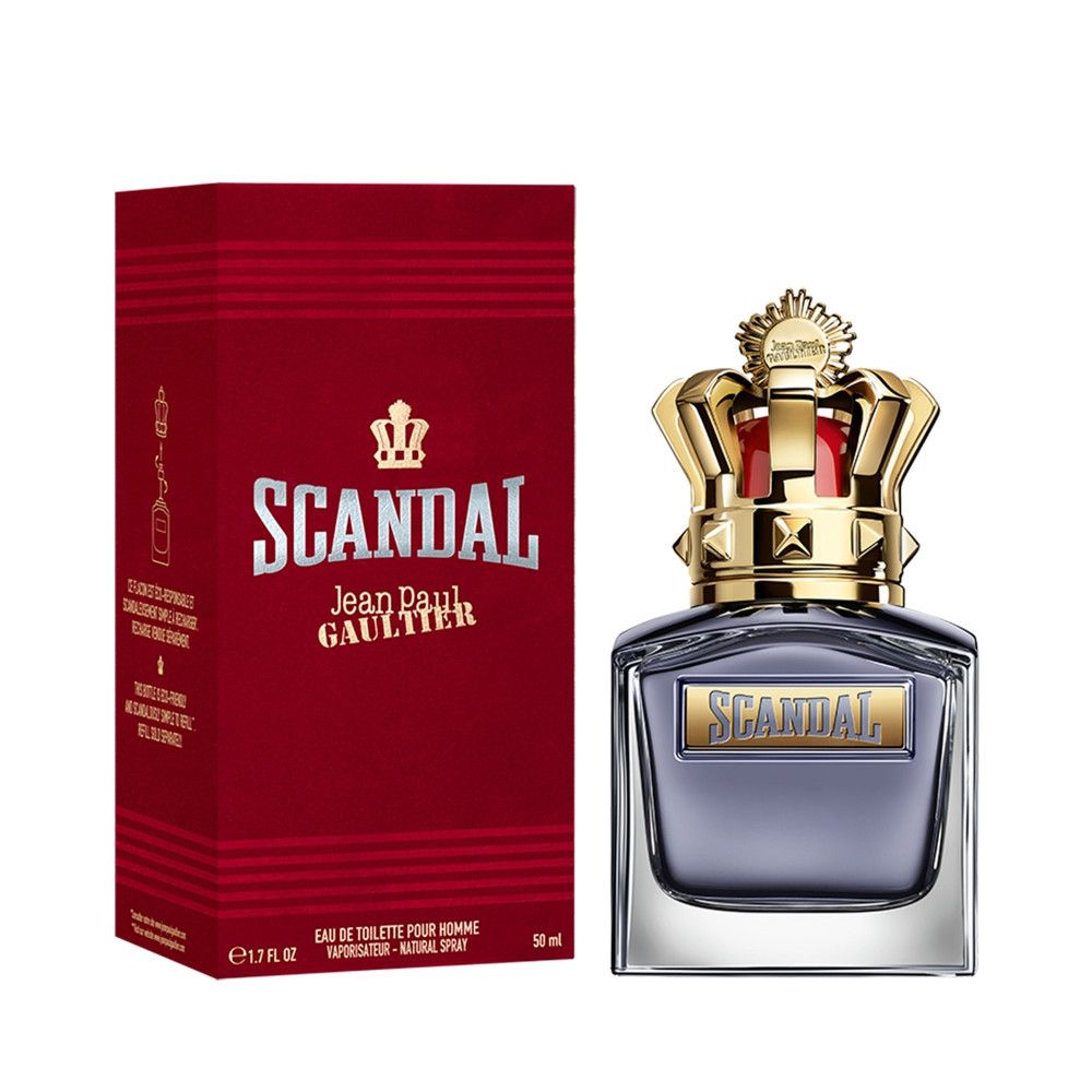 Flakon und Verpackung von Jean Paul Gaultier Scandal Eau de Toilette. Roter Karton mit goldener Aufschrift. Flakon mit Kronenverschluss.