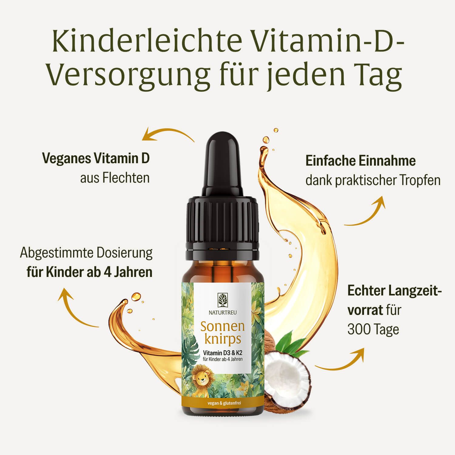 Flasche mit Pipette, umgeben von Flüssigkeitsspritzern und Kokosnuss. Text: Kinderleichte Vitamin-D-Versorgung.