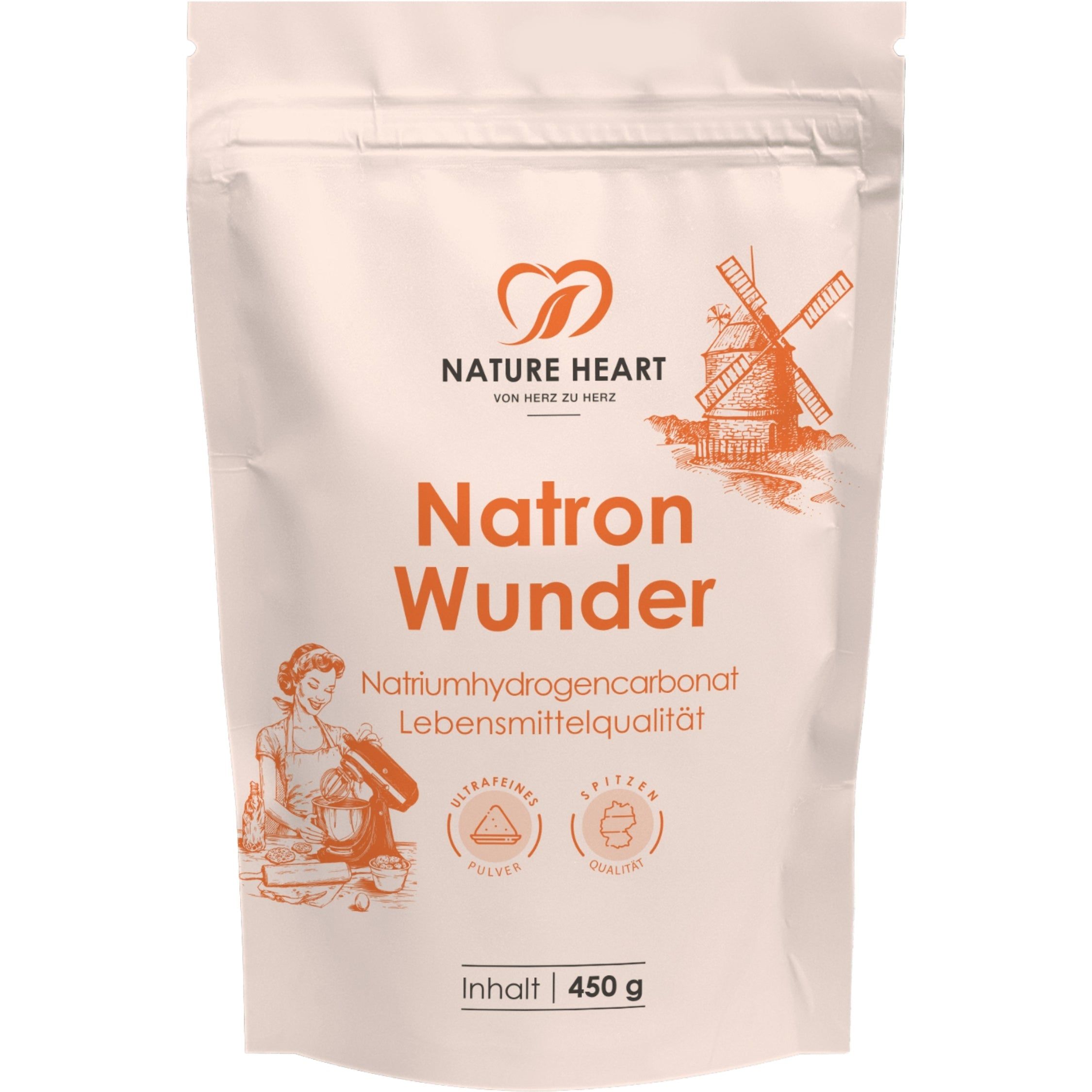 Nature Heart Natron Wunder Beutel mit 450g Natriumhydrogencarbonat, Lebensmittelqualität.