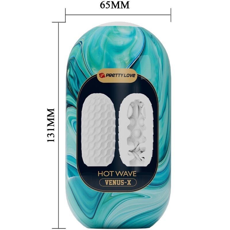 Penisstroker-Verpackung (131x65mm) mit Wellenmuster. Innenansicht zeigt Noppen und Rillen.