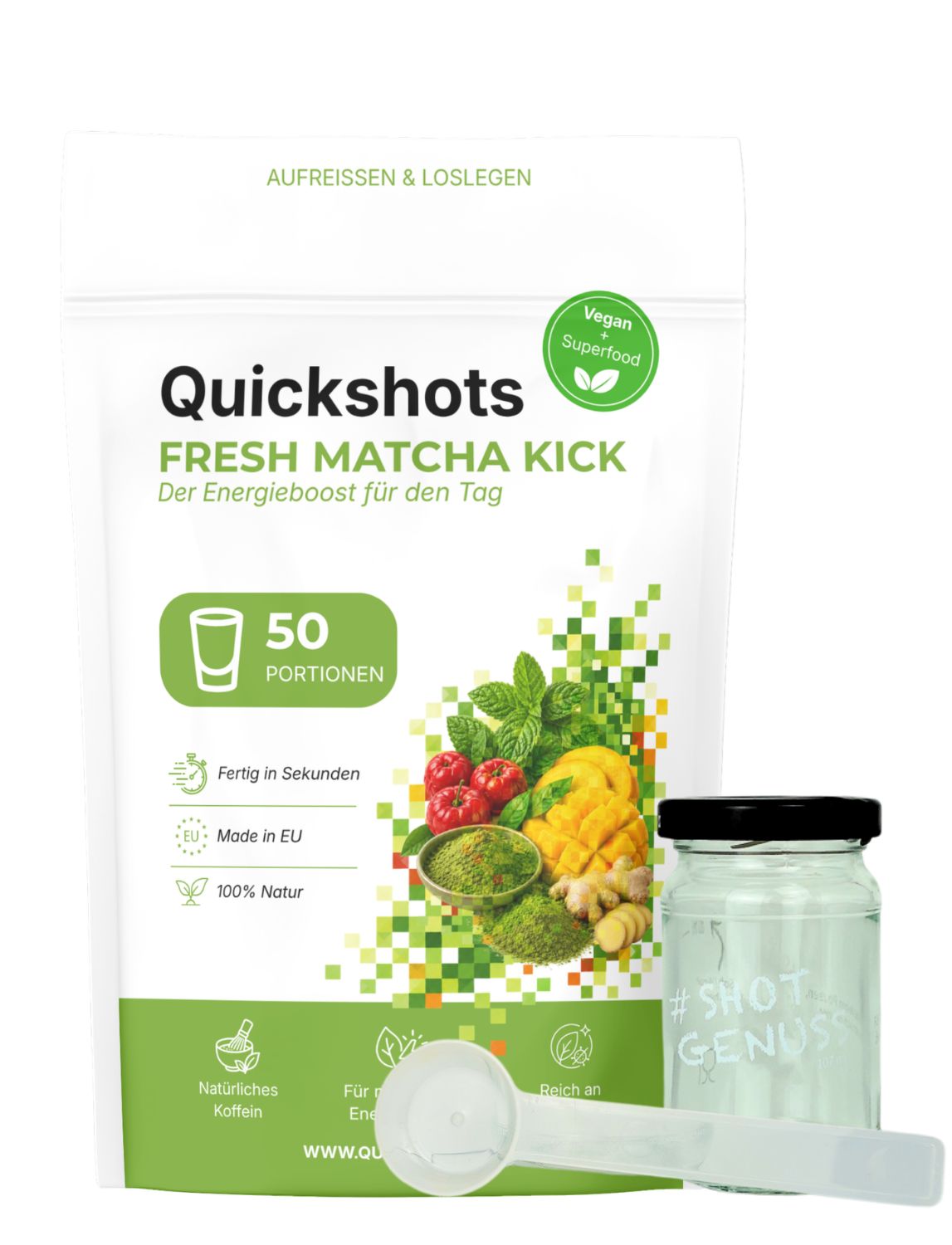 Quickshots FRESH MATCHA KICK Beutel mit Matcha, Beeren und Mango. Enthält 50 Portionen. Vegan und Superfood.